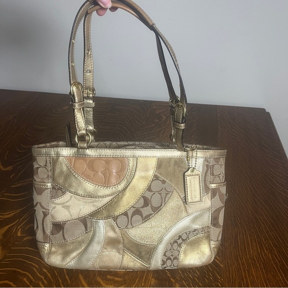 Coach Handbags - Coach Mosaic Gallery Patchwork Metallic Gold and Tan Tote/Shoulder Bag